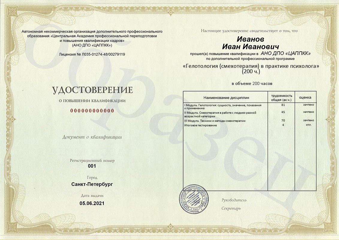 Удостоверение ЦАППКК по программе «Гелотология (смехотерапия) в практике психолога»
