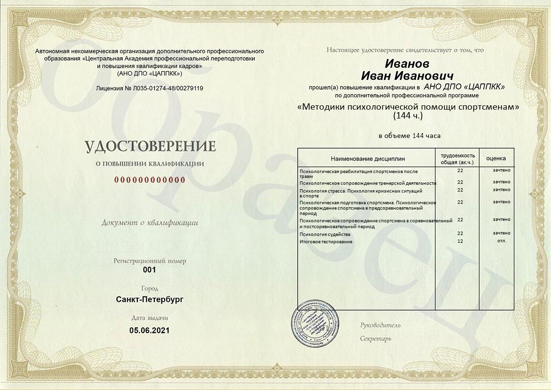Удостоверение ЦАППКК по программе «Методики психологической помощи спортсменам»