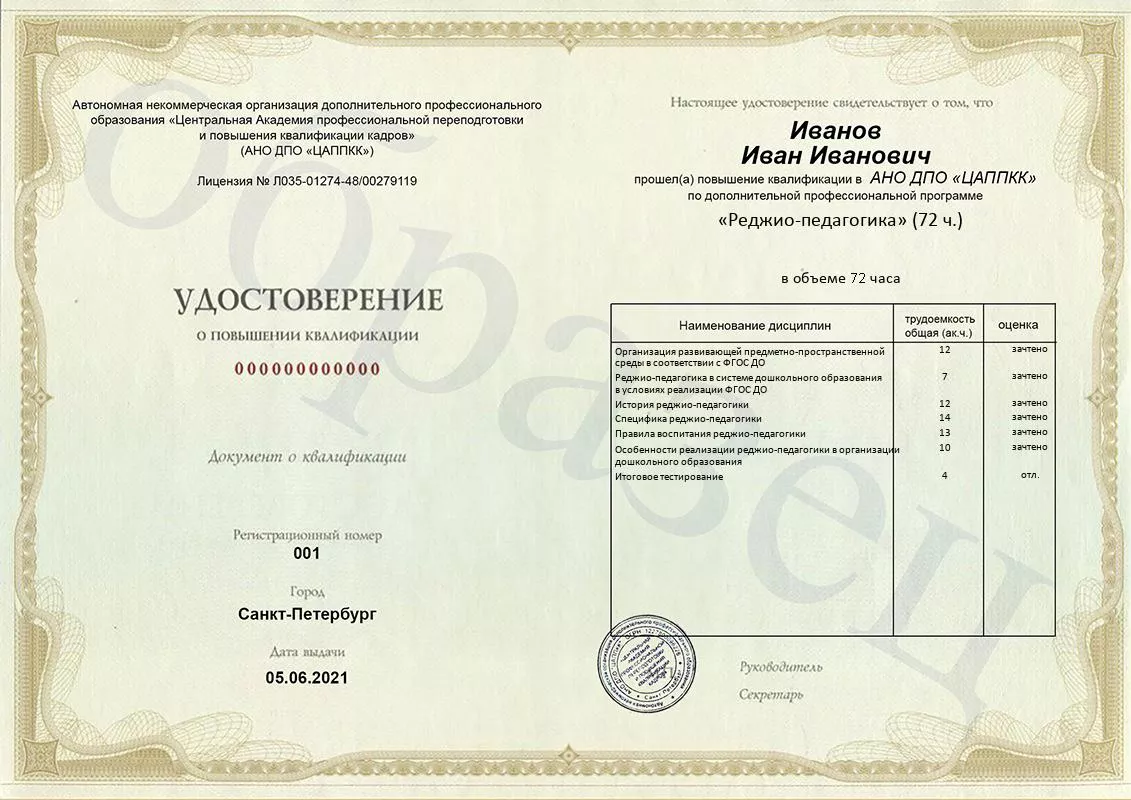 Удостоверение ЦАППКК по программе «Реджио-педагогика»
