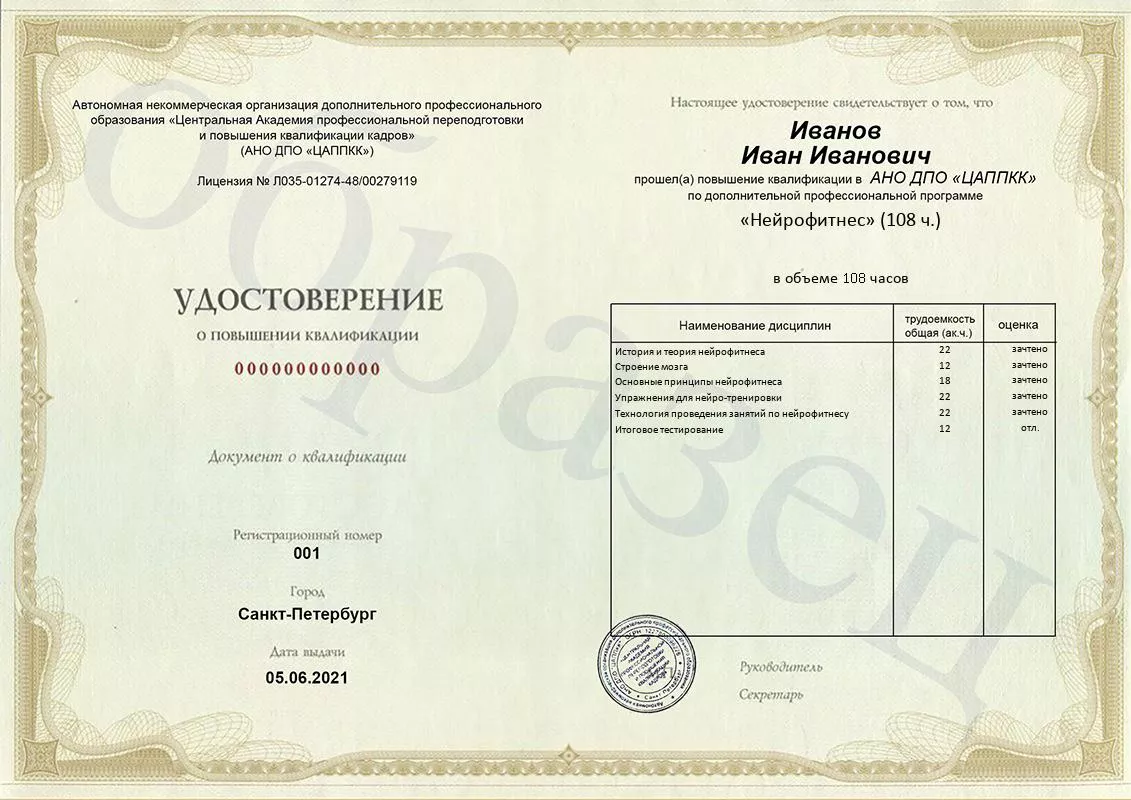 Удостоверение ЦАППКК по программе «Нейрофитнес»